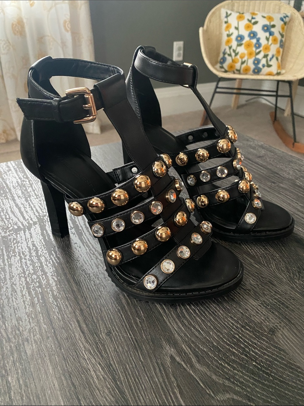 Karl Lagerfeld Black Studded Strappy Heels with Gold & Crystal Accents